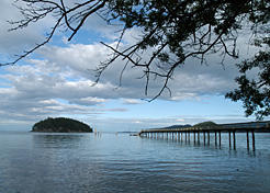 The wharf at Bennett Bay on Mayne Island, looking out to Georgeson Island. Kevin Oke photo
