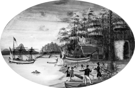 A watercolour painting. A ship with two American flags approaches from the left side. On the right side, another ship is being built. There are several people in the foreground. One man is standing in a canoe, looking at a painting held by another man.