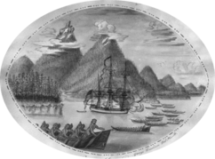 A painting of a large sailing ship with its sails furled passing by mountainous islands, surrounded by roughly 15 canoes filled with people. The painting is shaped like an oval and has a border of dots and dashes.