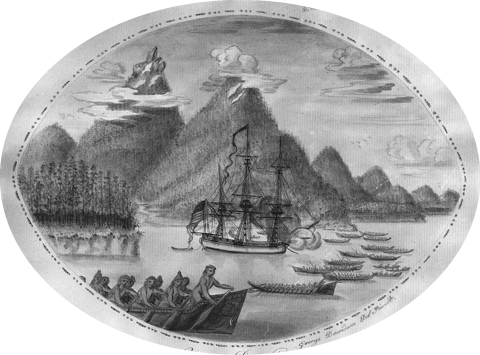 A painting of a large sailing ship with its sails furled passing by mountainous islands, surrounded by roughly 15 canoes filled with people. The painting is shaped like an oval and has a border of dots and dashes.