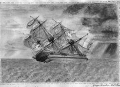 Painting of Columbia Rediviva by George Davidson, illustrator for Robert Gray’s second voyage on the ship. The ship braves a squall under full sail. Oregon Historical Society Research Library