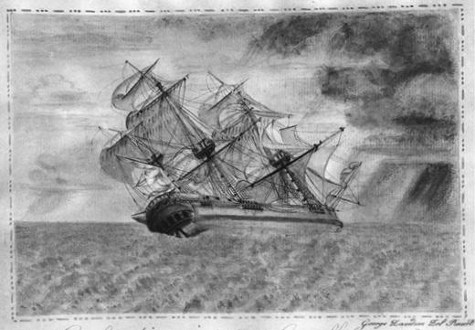 A painting of a sailing ship with all sails set during a storm. The wind is blowing the ship to the side, so that it is tipped over at a 45 degree angle to the water. There is a border of dots and dashes around the painting.