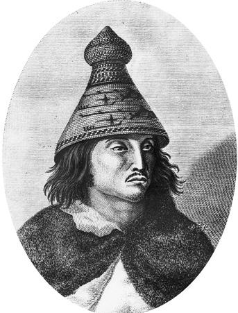 An illustration of a man with chin-length, wavy hair and a moustache. He is wearing a cape and a woven hat featuring images of whalers. The hat comes to a bulbous point at the top.