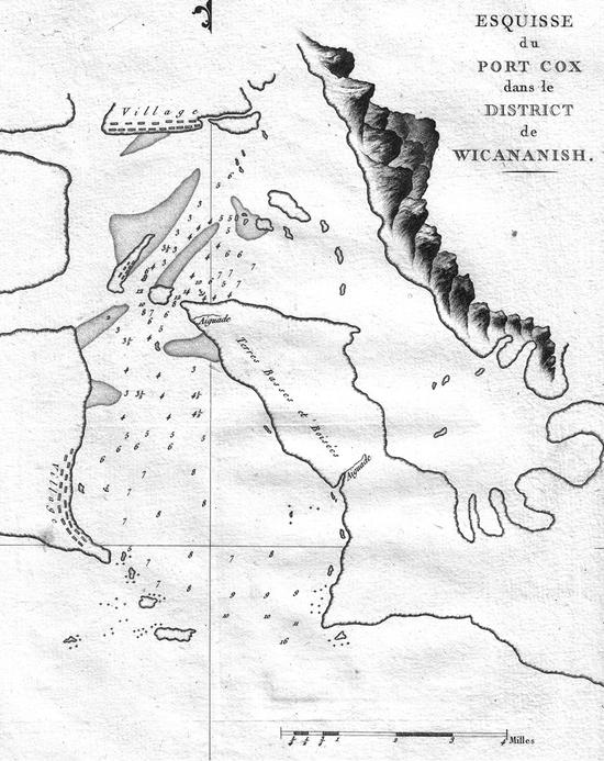 A sketch of the area of Clayoquot Sound, also known as Port Cox, as viewed from above. It is labelled in French: 'Esquisse du Port Cox dans le District de Wicananish.' Mountains are drawn across the upper right corner of the sketch.