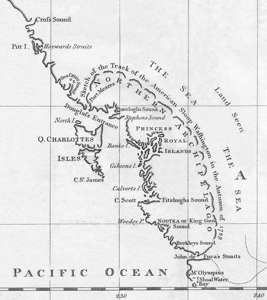 A portion of a historical map by John Meares. It shows Haida Gwaii, labelled as 'Q. Charlottes Isles,' and a hypothetical inland sailing path around BC.