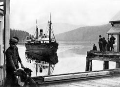 First regular trading vessel to west coast Vancouver Island ports, the lovely Tees, seen here approaching the dock at Alberni (circa 1910). Robert D. Turner Collection
