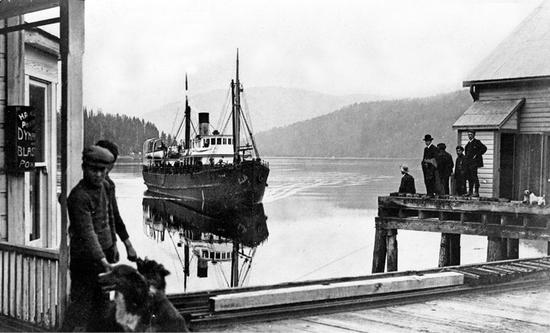 A large ship approaching a dock. The photo was taken from the dock, so the ship is seen head-on. There are several people and a few dogs waiting next to the buildings on the dock.
