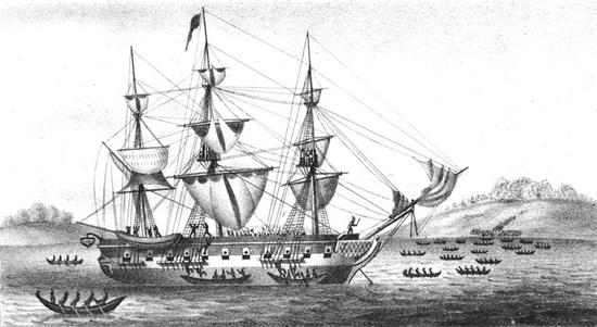 A painting of a large sailing ship in the water, surrounded by 20 canoes, each filled with people. People from two of the canoes are climbing aboard the ship. There are also people on the deck.