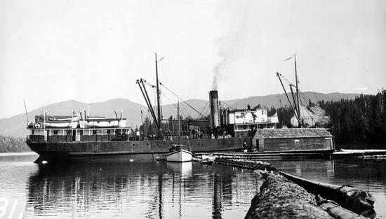 Photograph of SS Tees anchored in a calm, reflective ocean. Steam coming from the funnel near the ship's centre. There is a smaller sailboat near the ss Tees, individual logs tied together, leading to a boathouse and forest in the background.