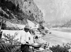 Miners pan for gold near Yale in the 1870s. Though the Fraser River gold rush was long over, some men still tried their luck in the waters. Image A-01958 courtesy of the Royal BC Museum.