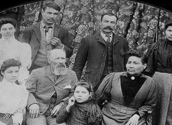 Comatatqua Joseph (at right in front row), daughter of Chief Tsil.Husalst, married Edmund Shepherd (second from left in front row), originally from New Brunswick, in the early 1860s. Among their children were (back row, left to right) Agnes, Frederick, William, and Cecelia; (front row) Julia and Adelaide. Edmund earned his living through gold mining, working on the Fraser River steamships, and working for the Hudson’s Bay Company. He stayed in British Columbia, and the descendants of Edmund and Comatatqua still live in the province. Photo courtesy of Donna Sweet.
