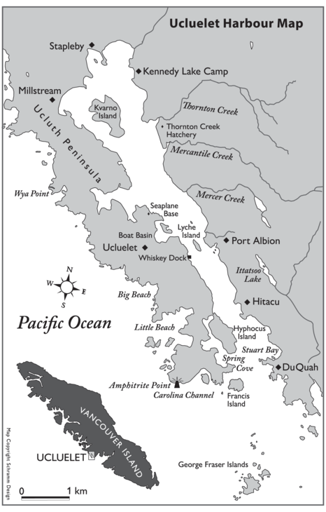An illustrated map of Ucluelet Harbour. 