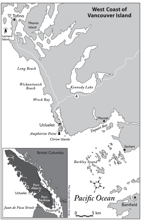 An illustrated map of the West Coast of Vancouver Island.