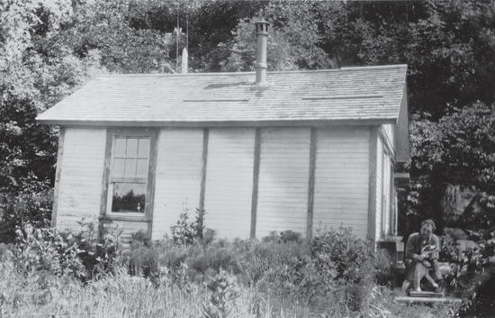 A person sits beside a small, light-coloured house within trees. 