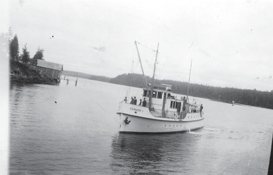 A light-coloured sailboat on a body of water, approaching land. 