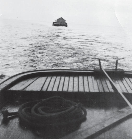 A view of a dock from land. In the background is a forest. 