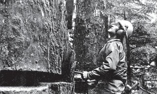A person in a hardhat stands in front of a rock face, looking up and smiling. 