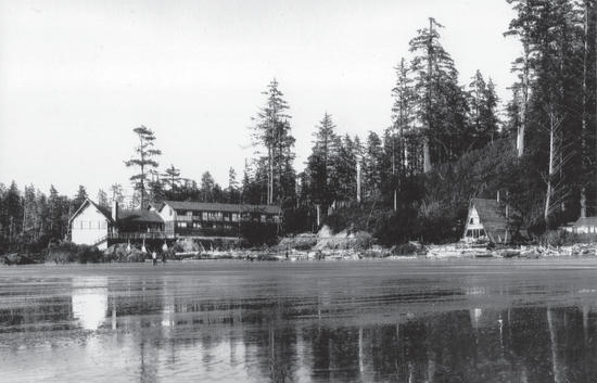 Buildings by a body of water as seen from across the water. Behind the buildings is a forest. 