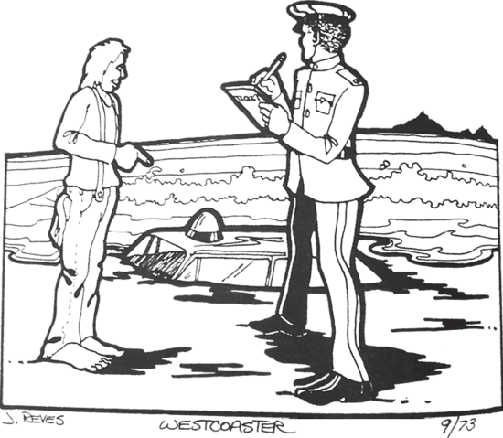 An illustration of a person in a police uniform writing on a piece of paper while looking at a car mostly buried in sand, waves approaching. A person in front of the officer is pointing at the car. 