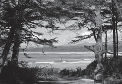 A totem pole depicting various animals. Behind the pole are trees and a beach. 