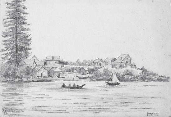 A sketch of a collection of buildings by a body of water. Two boats travel across the water. 