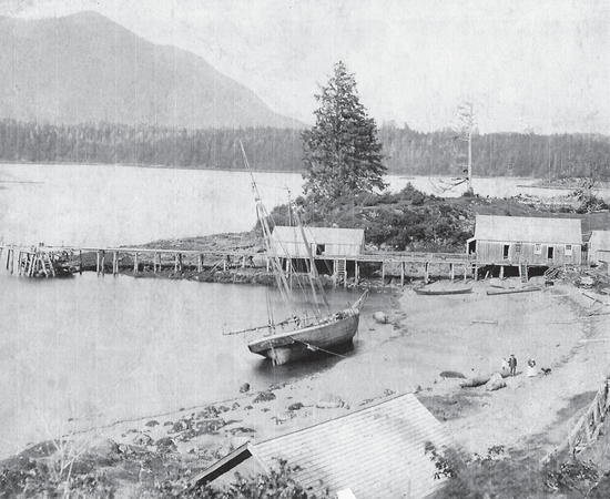 A sailboat docked at a beach. By the beach is a wooden dock with two buildings. In the background are a forest and a mountain.