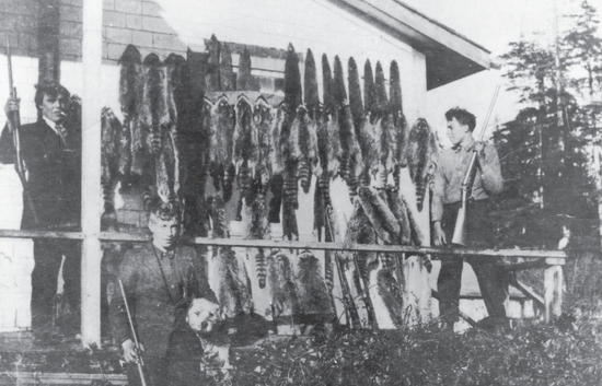 Three men holding guns while standing next to numerous raccoons hanging against a wall. One of the men holds a dog.
