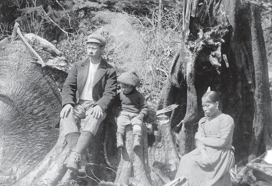 A man, a woman, and a child sit on tree stumps while looking away from the camera. 
