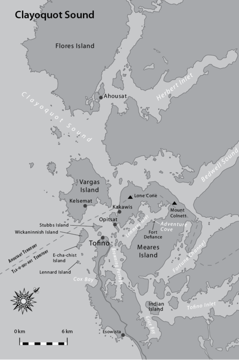 A map, labelled Clayoquot Sound, showing the location indicated by the rectangle on the previous map in more detail. Meares Island is labelled on the map.