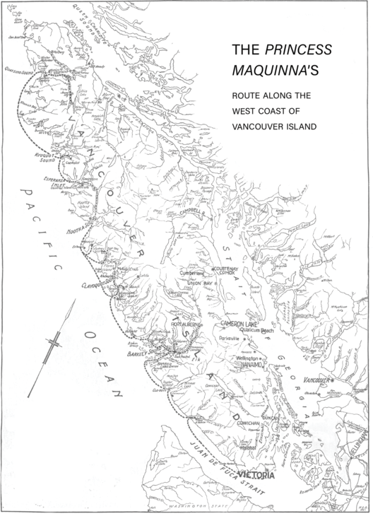 Map showing The Princess Maquinna's route along the West Coast of Vancouver Island. Starting from Victoria in the south, the route makes several stops along along the entire length of the island, including: Port Renfrew, Glo-oose, into Alberni Canal to Port Alberni, Ucluelet, Tofino and others along Clayoquot Sound, Estevan, Nootka, navigating between Nootka Island and Vancouver Island to Hecate, the entering Quatsino Sound to sail to Port Alice and Holberg.