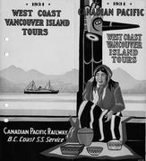 The illustrated Sunset Cruises poster features an indigenous woman, totem pole, baskets, and the Princess Maquinna traveling through the water with mountains in the background. 