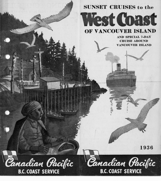 An illustrated poster for Sunset Cruises features an indigenous woman sitting on the left in the shadow, holding a baby in a basket cradle, two canoes on the left. Seagulls flying in every direction. Princess Maquinna is arriving at the dock in the light.