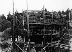 The Princess Maquinna under construction at Bullen’s shipyard in Esquimalt in 1912. Image J-08078 courtesy of the Royal BC Museum.