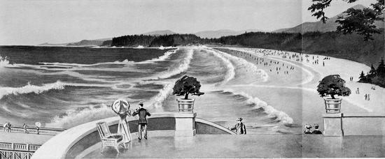 An illustrated brochure. Shoreline, left, rolling waves, formally dressed man and a woman with parasol on a building structure, a man walking upstairs. Crowded sandy beach in the distance.