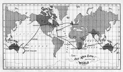 An illustrated map of the world that shows the route of the telegraphic cable system.