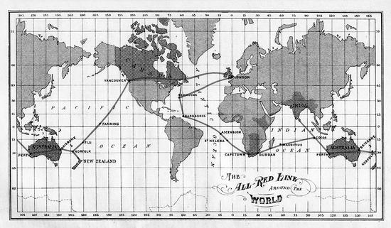 An illustrated map of the world that shows the route of the telegraphic cable system.