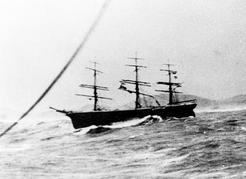 The Carelmapu in distress, her sails ripped to shreds. This photograph was taken by a passenger aboard the Princess Maquinna during her attempted rescue of the stricken vessel. Image PN 13817 courtesy of the Alberni Valley Museum.