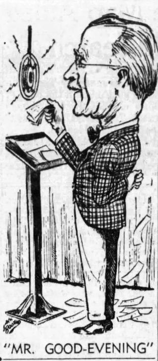 Caricature illustration of Earle Kelly, “Mr. Good-Evening,” standing in front of a pedestal formally dressed in a suit and bowtie, reading the news into the radio microphone.