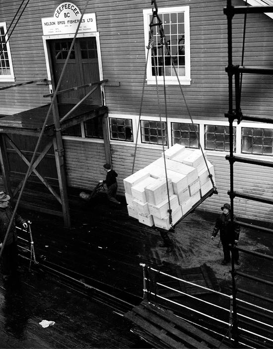 Photo shows large white cases are being unloaded from the ship onto the shore, possibly with a crane. In the background, a hand-truck is being used to transport items.