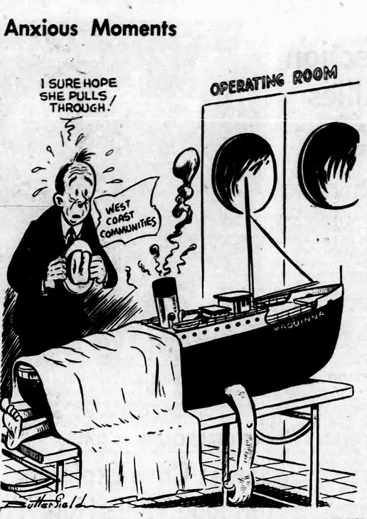 Illustrated cartoon depicts a person holding their hat over their heart, looking concerned standing over the ship Princess Maquinna shown as a ‘patient’ drawn with arms covered with a blanket on her boiler side, indicating illness.