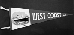 Photo of a pennant image of the Princess Maquinna on the left and WEST COAST V.I. on the right. 