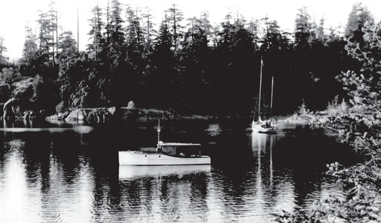 A small white motorboat in a bay