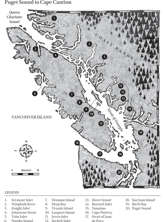 A map of the West Coast of British Columbia, including Vancouver Island and the Strait of Georgia