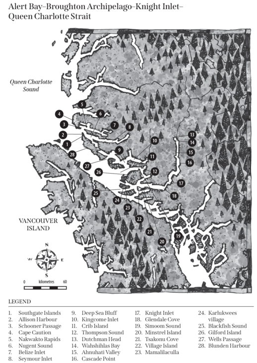 A map of Alert Bay, including Broughton Archipelago, Knight Inlet, and Queen Charlotte Strait