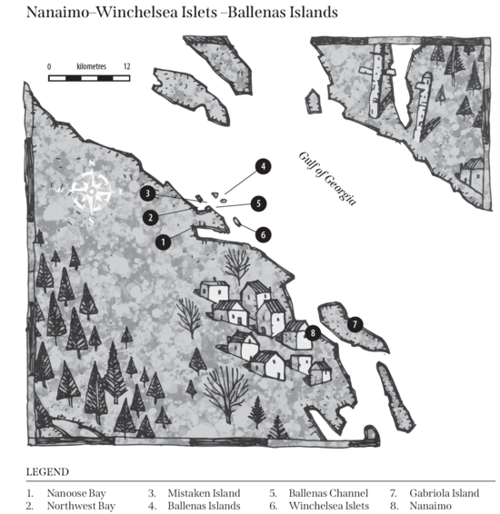 A map of Nanaimo, Winchelsea Islets, and the Ballenas Islands