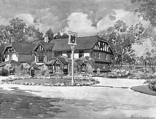 A watercolour painting of a large building surrounded by trees preceded by a large open area with grass, stones, pathways and a sign.