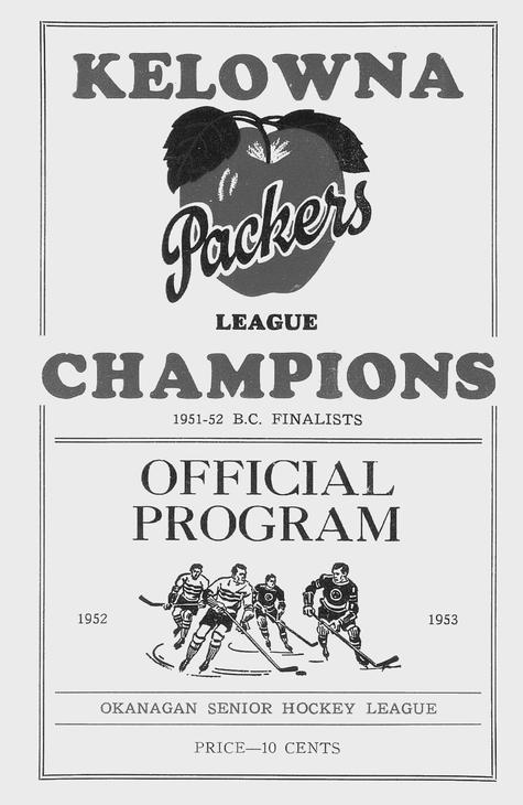 A poster advertising the Kelowna Packers. There is an illustration of an apple and one of four hockey players.