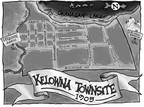 An illustrated map of streets. Text: Kelowna Townsite 1905