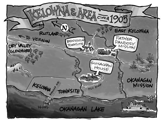 An illustration of a map. Text: Kelowna & Area circa 1905