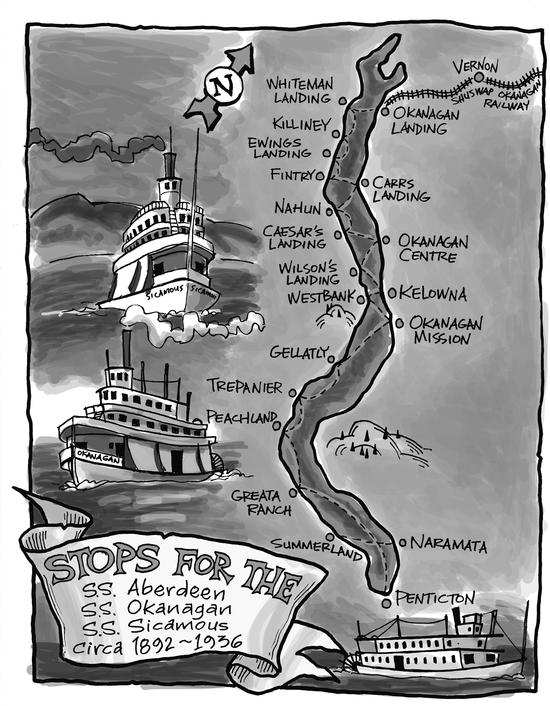 An illustration of a map surrounded by three boats. Text: Stops for the S.S. Aberdeen, S.S. Okanagan, S.S. Sicamous, circa 1892~1936